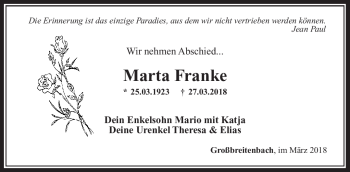 Traueranzeige von Marta Franke von Südthüringer Presse