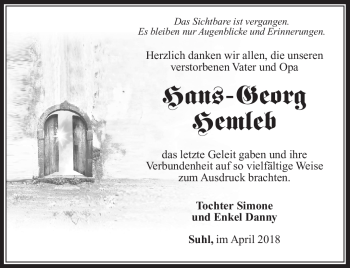 Traueranzeige von Hans-Georg Hemleb von Südthüringer Presse