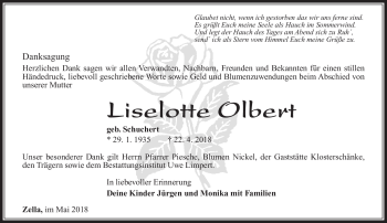 Traueranzeige von Liselotte Olbert von Südthüringer Presse