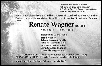 Traueranzeige von Renate Wagner von Südthüringer Presse