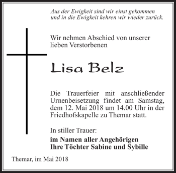 Traueranzeige von Lisa Belz von Südthüringer Presse
