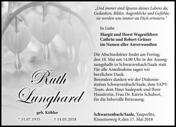 Traueranzeige von Ruth Lunghard von Frankenpost