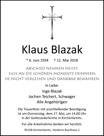 Traueranzeige von Klaus Blazak von Frankenpost