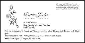 Traueranzeige von Doris Jerke von Südthüringer Presse