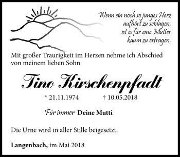 Traueranzeige von Tino Kirschenpfadt von Südthüringer Presse