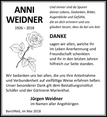 Traueranzeige von Anni Weidner von Südthüringer Presse