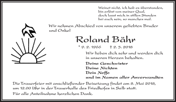 Traueranzeige von Roland Bähr von Frankenpost