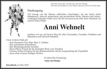 Traueranzeige von Anni Wehnelt von Südthüringer Presse