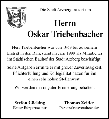 Traueranzeige von Oskar Triebenbacher von Frankenpost