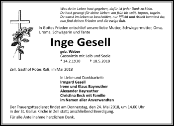 Traueranzeige von Inge Gesell von Frankenpost