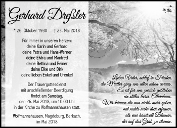Traueranzeige von Gerhard Dreßler von Südthüringer Presse