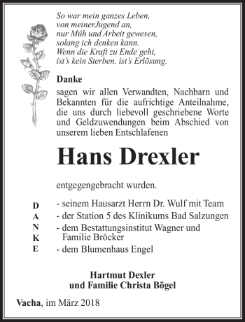 Traueranzeige von Hans Drexler von Südthüringer Presse