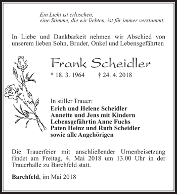 Traueranzeige von Frank Scheidler von Südthüringer Presse
