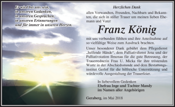 Traueranzeige von Franz König von Südthüringer Presse