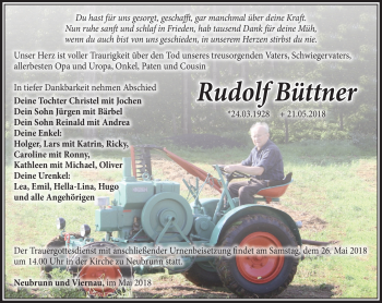 Traueranzeige von Rudolf Büttner von Südthüringer Presse
