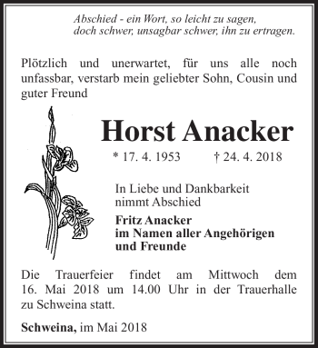 Traueranzeige von Horst Anacker von Südthüringer Presse