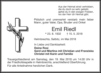 Traueranzeige von Emil Riedl von Frankenpost