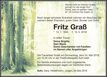Traueranzeige von Fritz Graß von Südthüringer Presse
