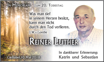 Traueranzeige von Reiner Luther von Südthüringer Presse