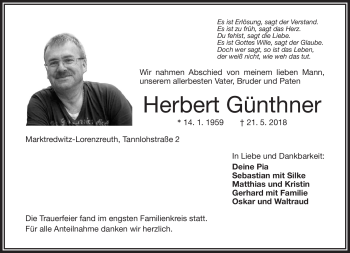 Traueranzeige von Herbert Günthner von Frankenpost
