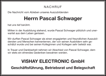Traueranzeige von Pascal Schwager von Frankenpost