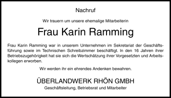 Traueranzeige von Karin Ramming von Südthüringer Presse