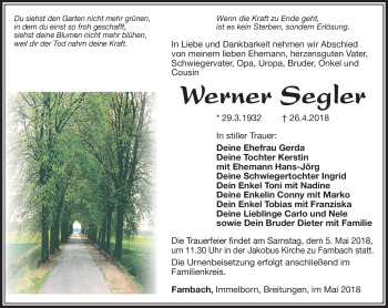 Traueranzeige von Werner Segler von Südthüringer Presse