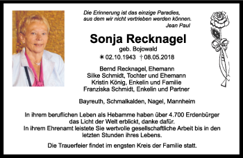Traueranzeige von Sonja Recknagel von Südthüringer Presse