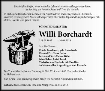 Traueranzeige von Willi Borchardt von Südthüringer Presse