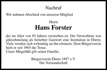 Traueranzeige von Hans Forster von Neue Presse Coburg