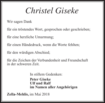 Traueranzeige von Christel Giseke von Südthüringer Presse