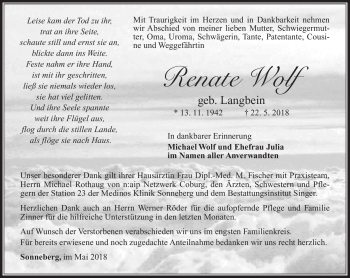 Traueranzeige von Renate Wolf von Südthüringer Presse