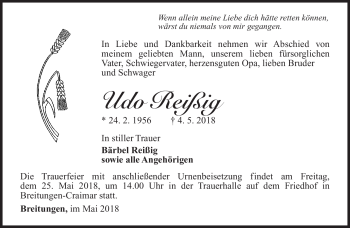 Traueranzeige von Udo Reißig von Südthüringer Presse