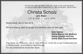 Traueranzeige von Christa Scholz von Frankenpost