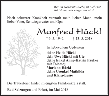 Traueranzeige von Manfred Häckl von Südthüringer Presse