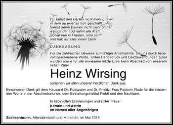 Traueranzeige von Heinz Wirsing von Südthüringer Presse