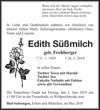 Traueranzeige von Edith Süßmilch von Südthüringer Presse