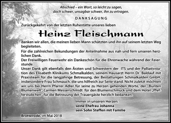 Traueranzeige von Heinz Fleischmann von Südthüringer Presse