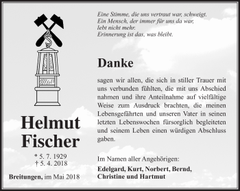 Traueranzeige von Helmut Fischer von Südthüringer Presse
