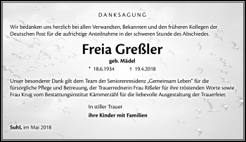 Traueranzeige von Freia Greßler von Südthüringer Presse
