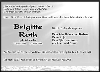 Traueranzeige von Brigitte Roth von Südthüringer Presse