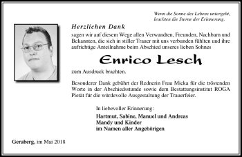 Traueranzeige von Enrico Lesch von Südthüringer Presse