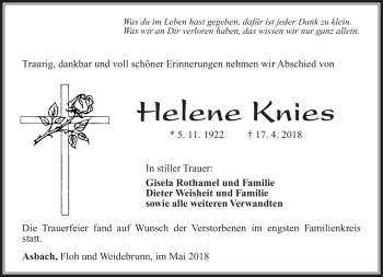 Traueranzeige von Helene Knies von Südthüringer Presse