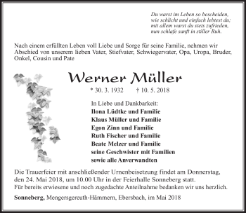 Traueranzeige von Werner Müller von Südthüringer Presse