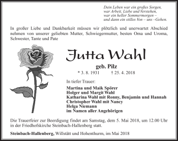 Traueranzeige von Jutta Wahl von Südthüringer Presse