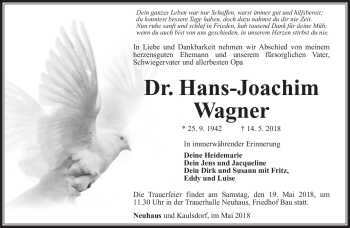 Traueranzeige von Hans-Joachim Wagner von Südthüringer Presse