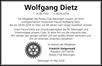 Traueranzeige von Wolfgang Dietz von Südthüringer Presse