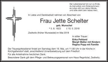 Traueranzeige von Jette Schelter von Frankenpost