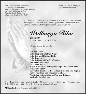 Traueranzeige von Walburga Riha von Südthüringer Presse