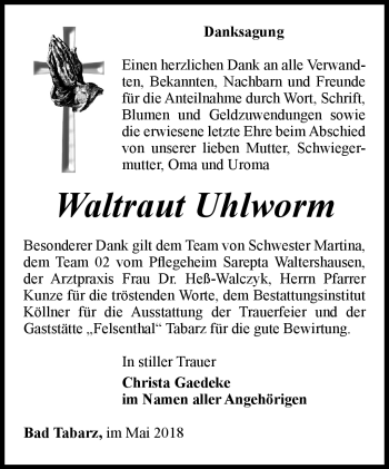 Traueranzeige von Waltraut Uhlworm von Südthüringer Presse